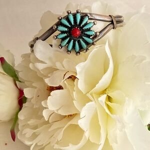 Turquoise and Red Floral Silver Bracelet